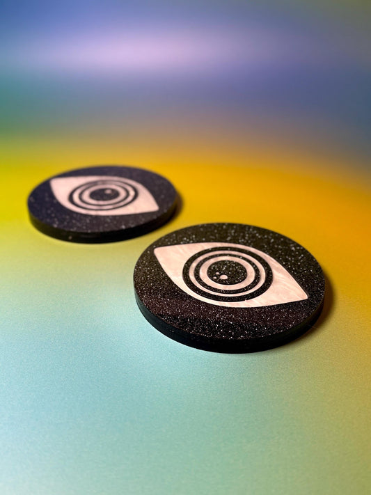 Mystic Eye Acrylic Coaster Set — Glitter + Pearl • Psychedelic Dopamine Decor