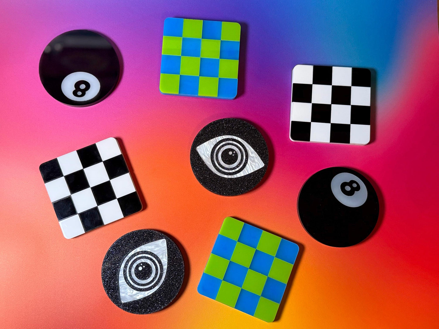 8-Ball Acrylic Coaster Set — Retro Bar Cart Decor • Layered Glossy Acrylic